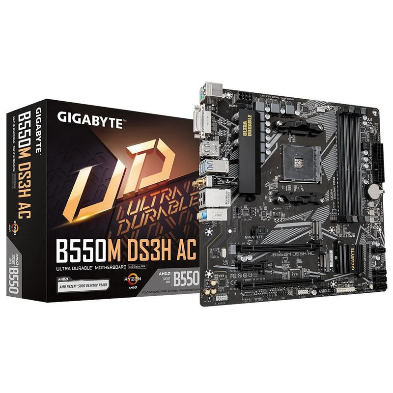 Placa Mãe AM4 Gigabyte B550M DS3H AC WIFI, até 125GB DDR4, Slot x16 PCIe 4.0, Wireless 802.11ac integrado e BT 4.2 com antena WIFI