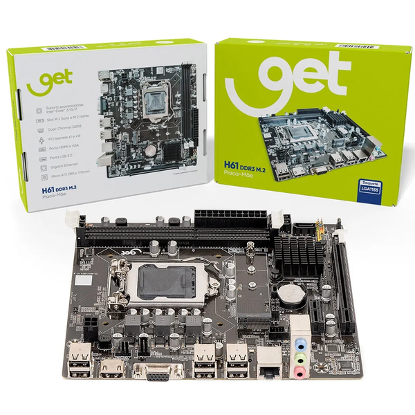 Placa-Mãe Get H61 DDR3 M2 LGA 1155, Suporte Intel 2°/3° Geração, SATA M.2 HDMI VGA USB 3.0 Micro ATX