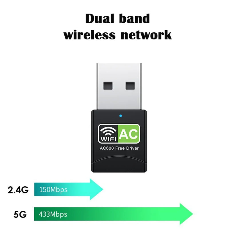 Adaptador WiFi USB de Banda Dupla, 600Mbps, AC600, 2.4GHz, 5GHz, PC, Mini Computador, Receptor de Placa de Rede, 802.11b, N, g, ac