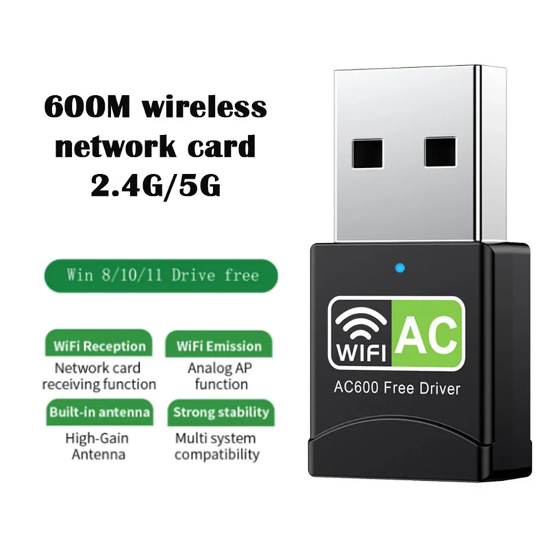 Adaptador WiFi USB de Banda Dupla, 600Mbps, AC600, 2.4GHz, 5GHz, PC, Mini Computador, Receptor de Placa de Rede, 802.11b, N, g, ac