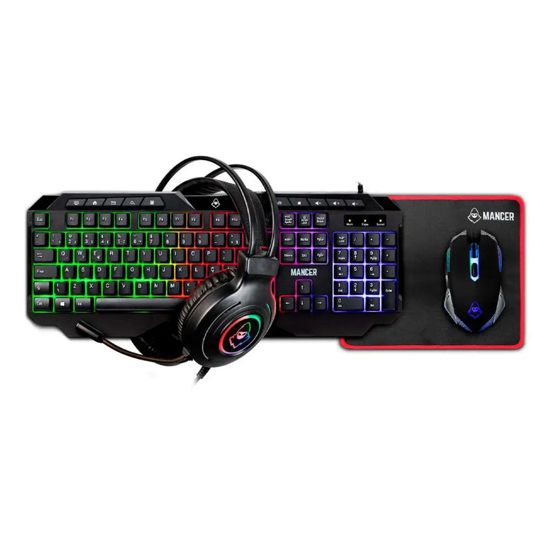 Combo Gamer Mancer ORC 4x1 Keyboard ABNT2 Mouse 3600DPI Small Mousepad Headset Drivers 50mm Rainbow MRC-ORC-RBW01