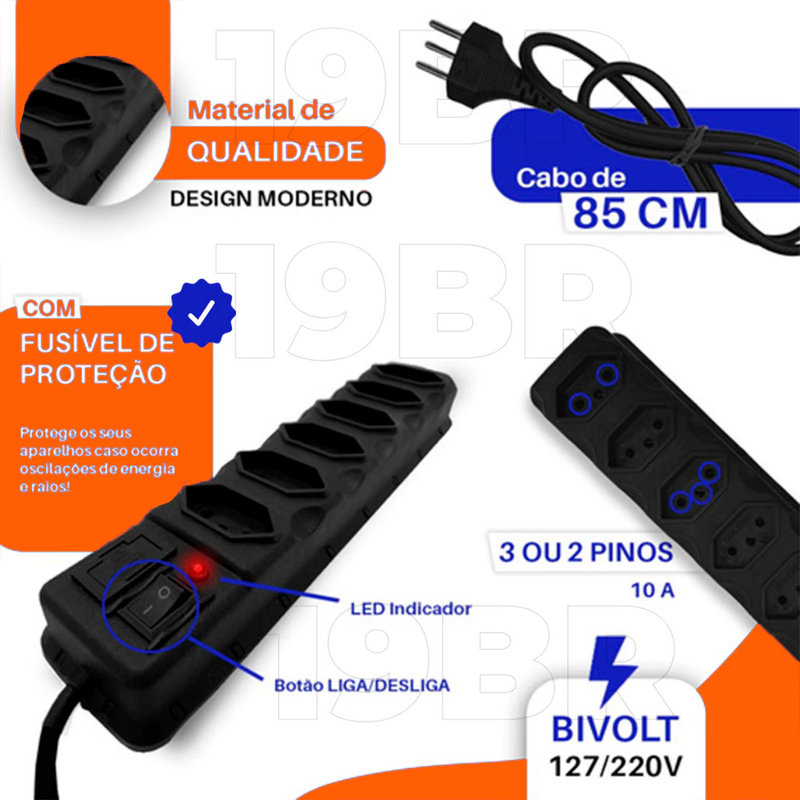 Filtro de linha régua com 6 tomadas tri polar 10 amperes com fusível