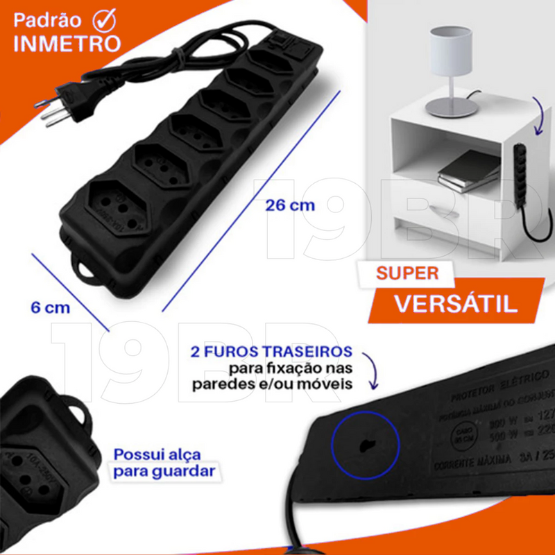 Filtro de linha régua com 6 tomadas tri polar 10 amperes com fusível