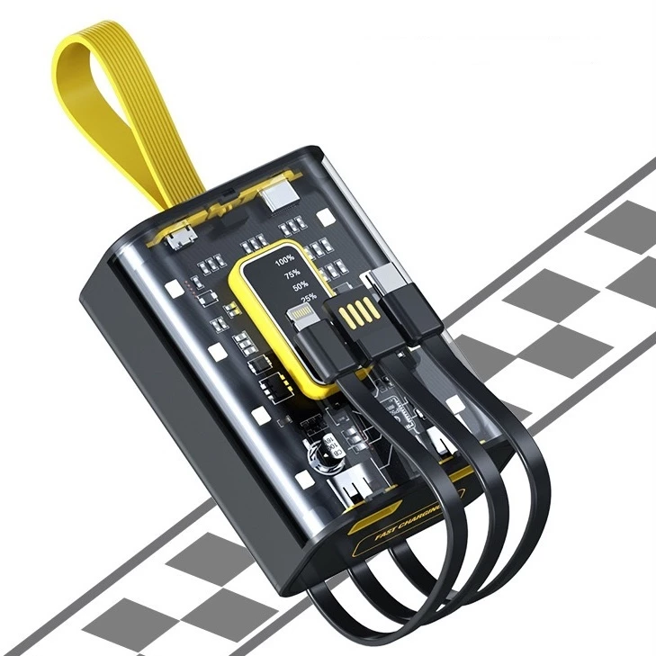 Carregador de banco de potência transparente portátil de 10.000mAh com cabo de carregamento integrado-DX180e portátil de 10.000mAh com cabo de carregamento integrado-DX180